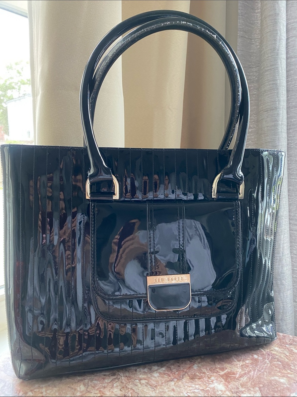 Ted Baker Patent leather faux black bag- Bulldog print interior